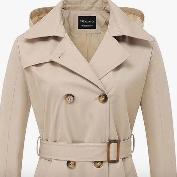 Creatmo Trench Coat Double-Breasted Classic Lapel Belted Outerwear Hooded Rain - Picture 7 of 9